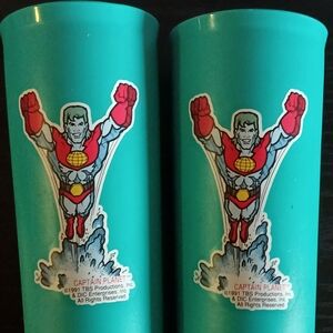 Vintage 1991 TBS Productiins 6" Teal Color Captain Planet Tumblers RARE VGC!